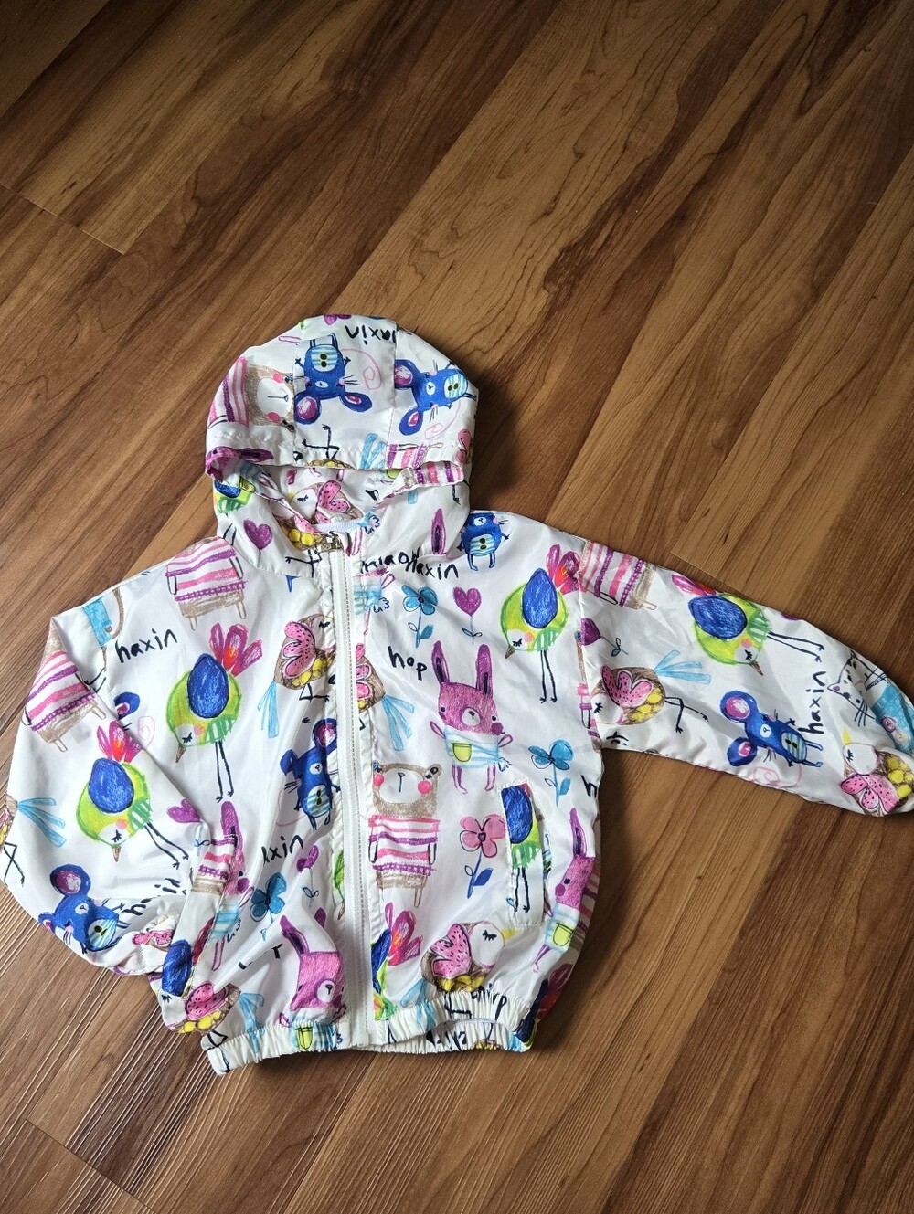 VGUC Lightweight Girls White 4T Abstract Print Hooded Zip Up Jacket